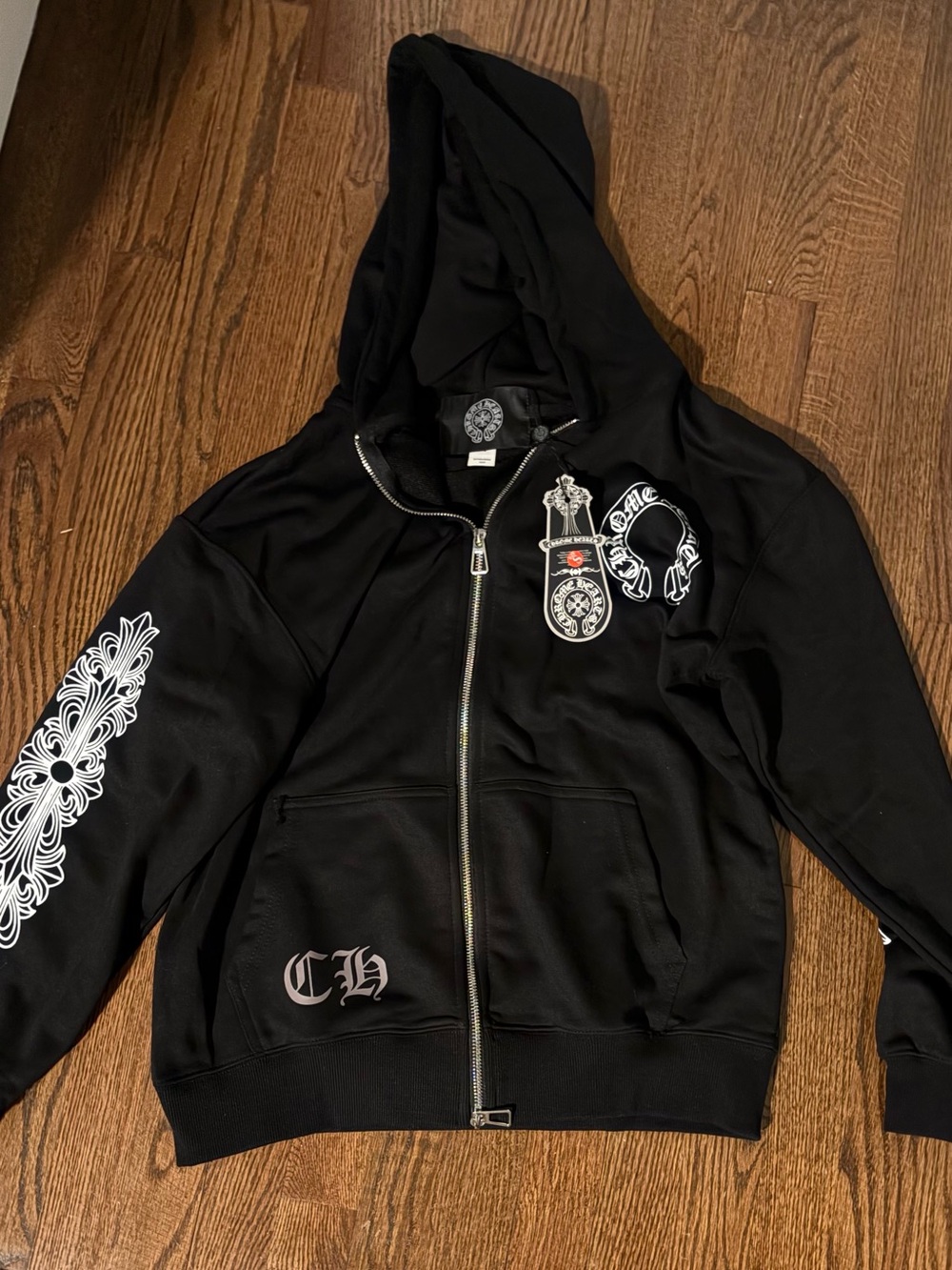 Chrome Hearts Black Graphic Zip Hoodie Jacket - White Accents